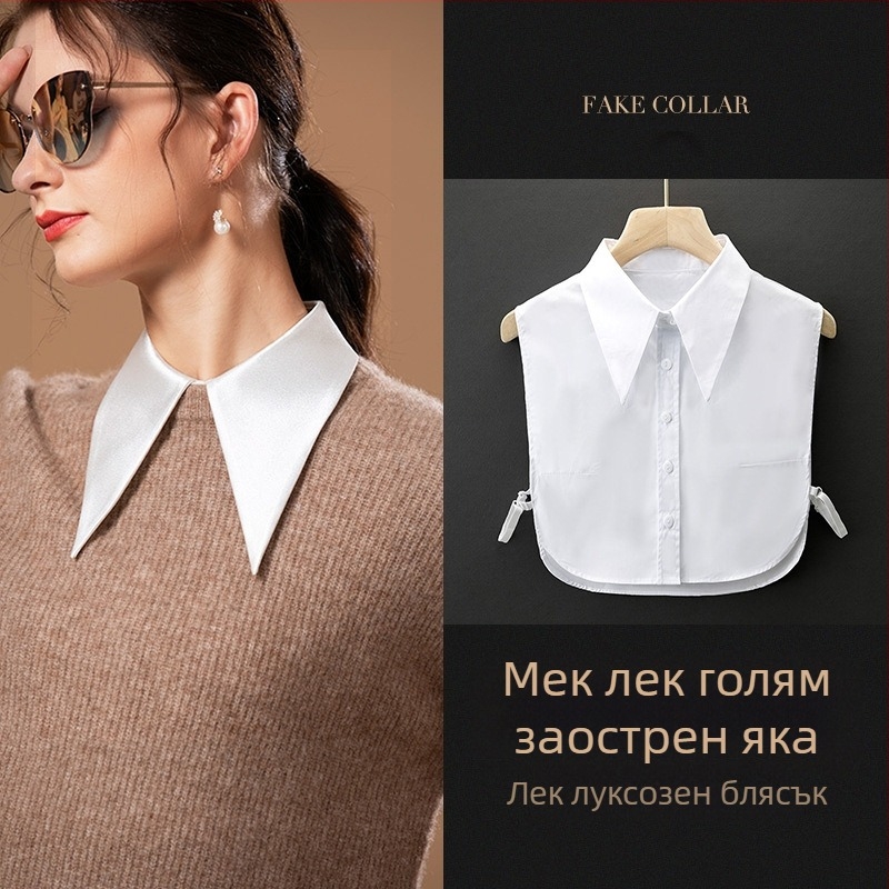 Есенно-зимна декоративна риза с V-образно деколте и фалшива яка, дамска бяла семпла многофункционална базова риза, устойчива на бръчки, фалшива яка