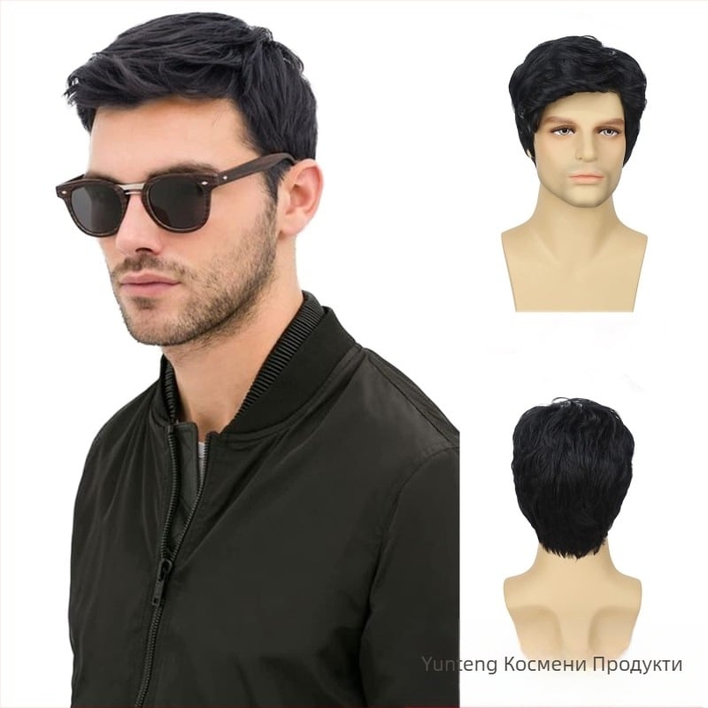 Европейска и американска трансгранична мъжка перука с кос бретон, къса, от химически влакна, копринена шапка с висока температура