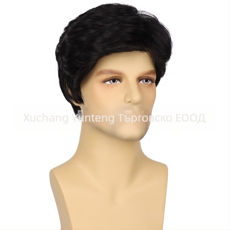 Европейска и американска трансгранична мъжка перука с кос бретон, къса, от химически влакна, копринена шапка с висока температура