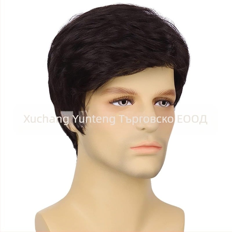 Европейска и американска трансгранична мъжка перука с кос бретон, къса, от химически влакна, копринена шапка с висока температура