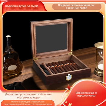 Кутия за пури от масивно дърво с прозрачен капак, кутия за съхранение на пури с разделител, обръщаема кутия за пури, дървена опаковка за пури, подаръчна кутия