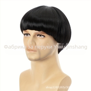 Мъжка черна COS перука с глава на диня, перука с глава с гъба, перука с капачка на главата, перука с глупакова глава