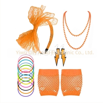 80-те неонови парти костюми за жени, розово-червени колиета, обеци с дантелен обръч за коса, рибарска мрежа, ръкавици