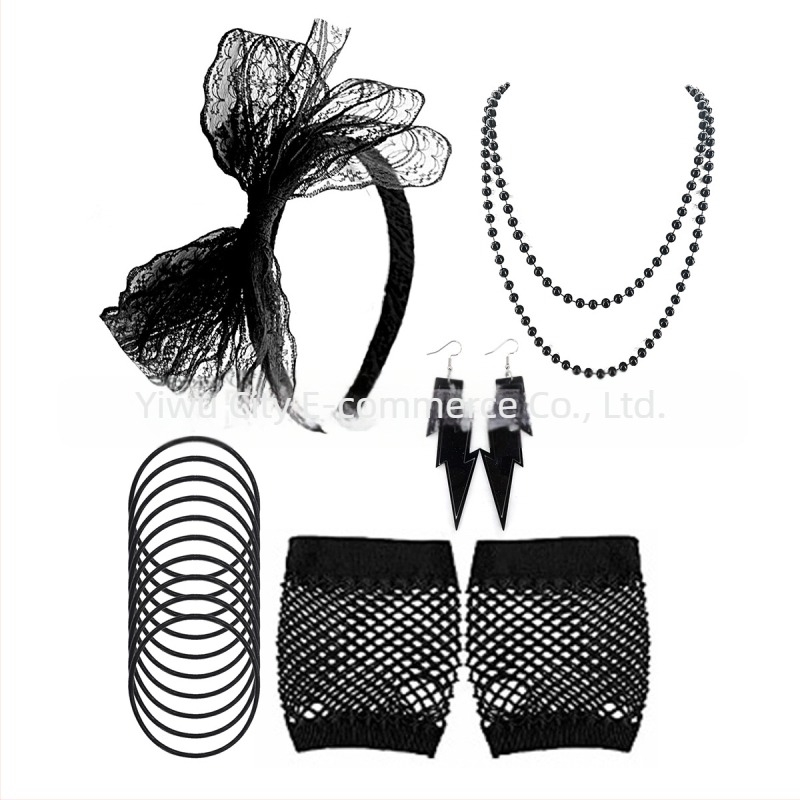 80-те неонови парти костюми за жени, розово-червени колиета, обеци с дантелен обръч за коса, рибарска мрежа, ръкавици