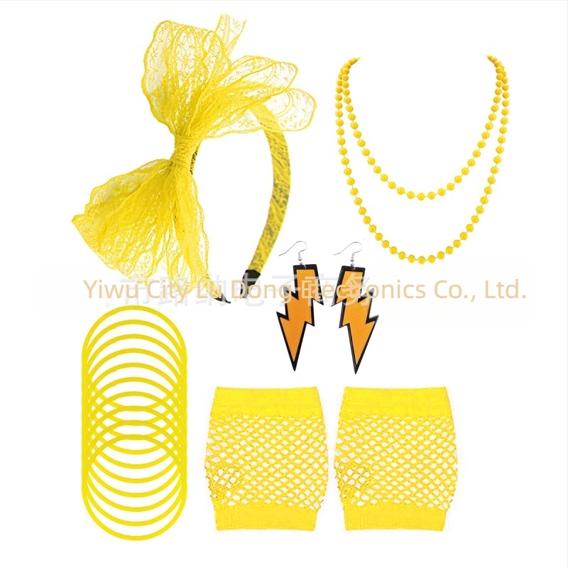 80-те неонови парти костюми за жени, розово-червени колиета, обеци с дантелен обръч за коса, рибарска мрежа, ръкавици