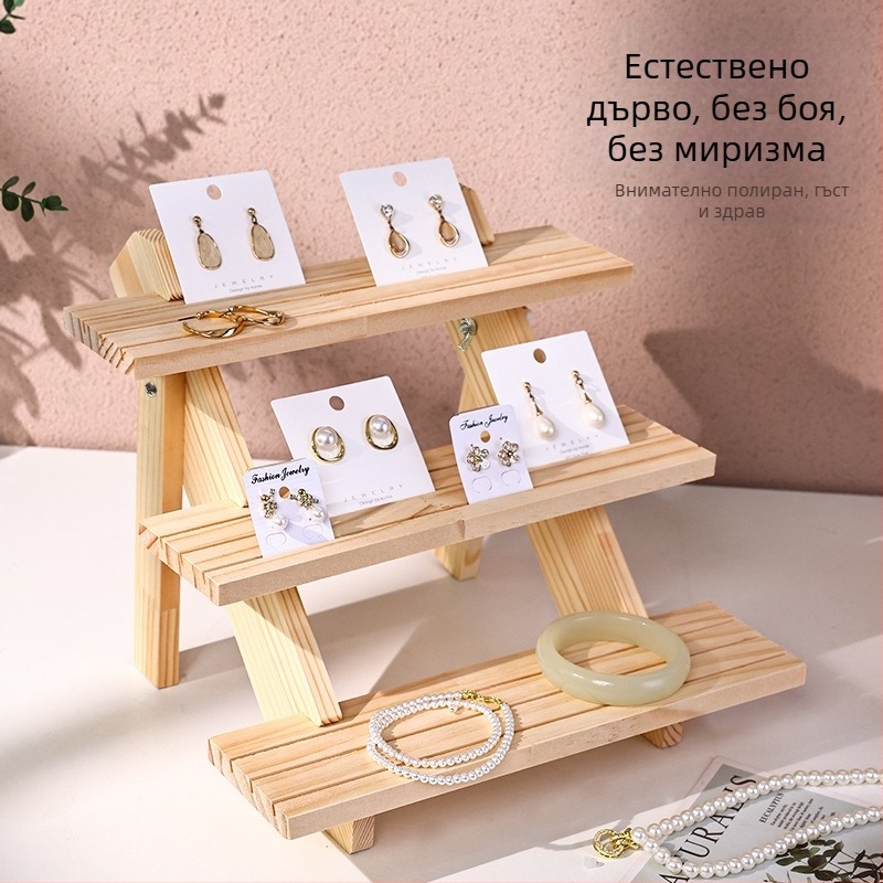 Стойка за бижута от масивно дърво, настолна стойка за бижута, щанд за бижута, гривна, обеци със стъпаловидно изложение