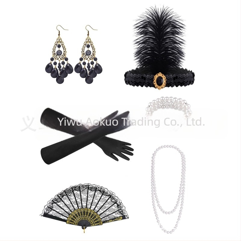 Гетсби 1920S Ергенско парти Ретро лента за глава с пера Маскарад Комплект Прическа Колие Ръкавици Пръчка за цигари