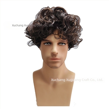 TEMU европейска и американска перука мъжка перука къса коса мъжка пухкава тъмнокафява перука бретон обърната къса коса къдрава коса