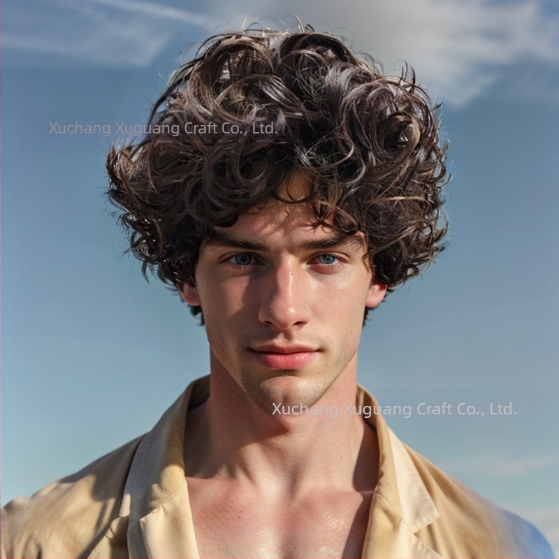 TEMU европейска и американска перука мъжка перука къса коса мъжка пухкава тъмнокафява перука бретон обърната къса коса къдрава коса