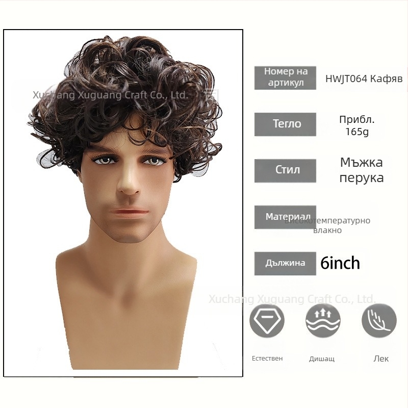 TEMU европейска и американска перука мъжка перука къса коса мъжка пухкава тъмнокафява перука бретон обърната къса коса къдрава коса