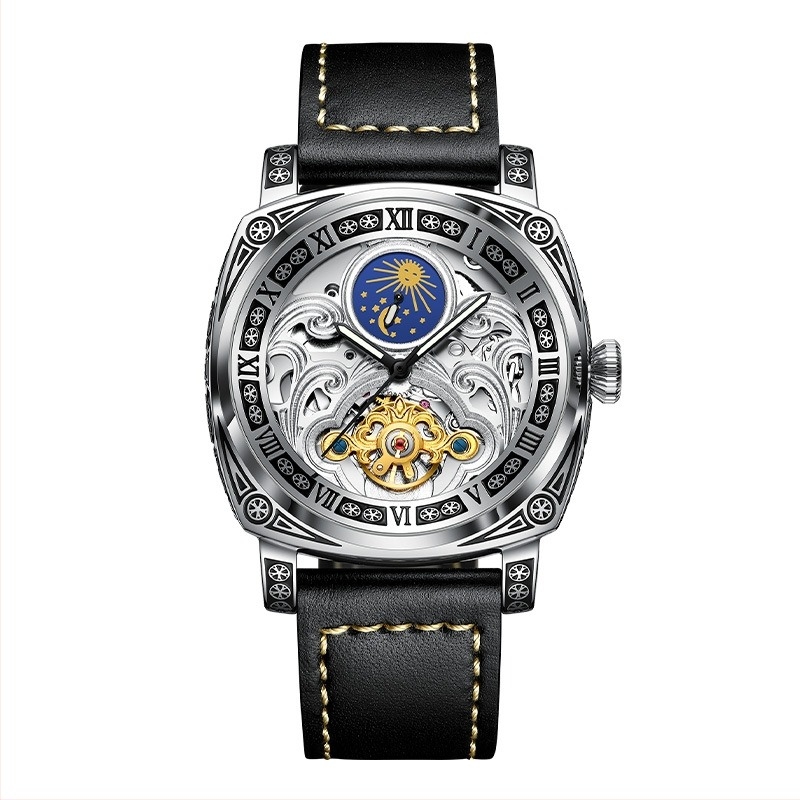 TikTok Explosive Brand Водоустойчив часовник Мъжки маховик Автоматичен механичен кожен светещ моден кух тренд автентичен