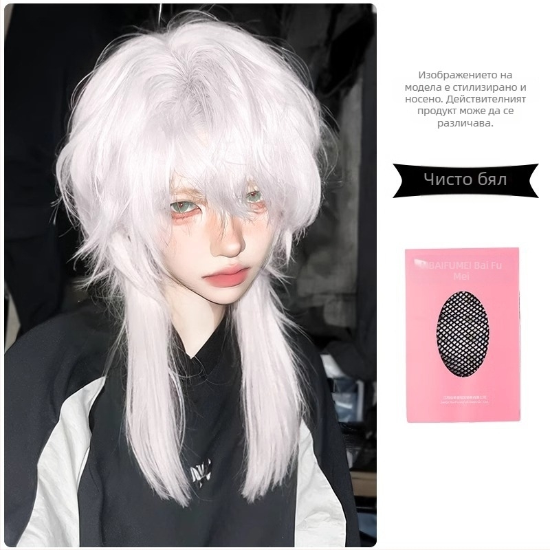 Бяла вълча опашка, перука с кефал, за момчета, жени, къса коса, японска серия, симулация на самурайска глава, за мъже, пълно покривало за глава