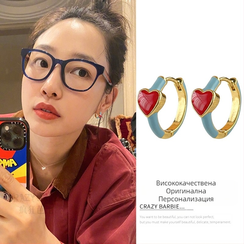 Нежни емайлирани обеци Bai Baihe's Love Ear Buckle Light Luxury Niche Design Advanced Sense Internet Celebrity Reels Обеци за жени есенни