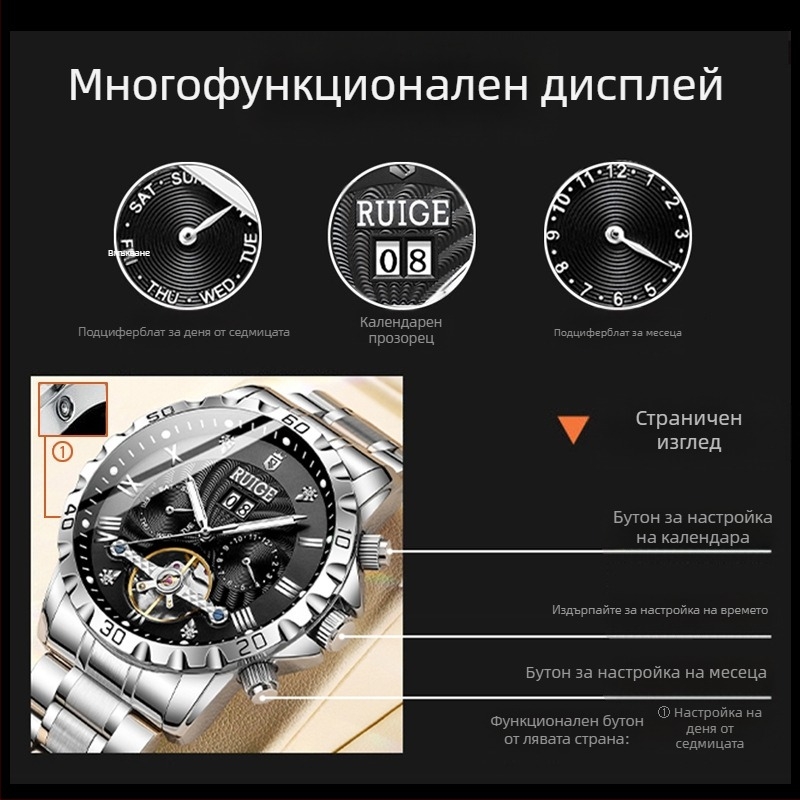 Класически кухи автоматични механични часовници за мъже от неръждаема стомана с маховик, известни часовници, водоустойчиви, модни, мъжки ръчни часовници