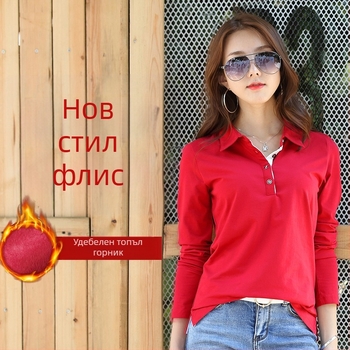 Дамска пролетно-лятна тениска с дълъг ръкав и ревер, топла, с поларена подплата, удебелена, универсална памучна, корейска тениска 1818-2