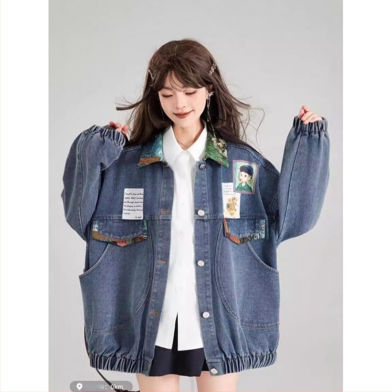 Ретро дънково яке за жени 2024 Пролет и есен Френски литературен жакардов декор с панделка, свободно яке, модерно