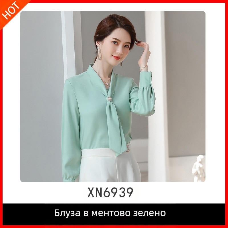 Нова есенна мода 2019 г., дамска риза с дълъг ръкав, V-образно деколте и шифон, от авокадо и зелен шифон, покриваща плътта, в западен стил
