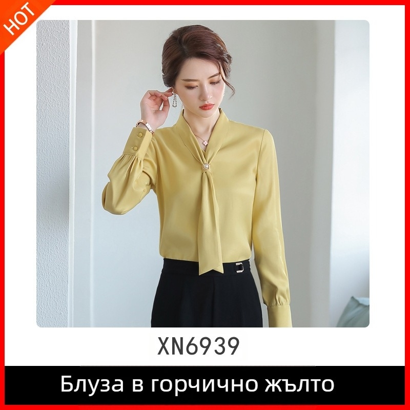 Нова есенна мода 2019 г., дамска риза с дълъг ръкав, V-образно деколте и шифон, от авокадо и зелен шифон, покриваща плътта, в западен стил