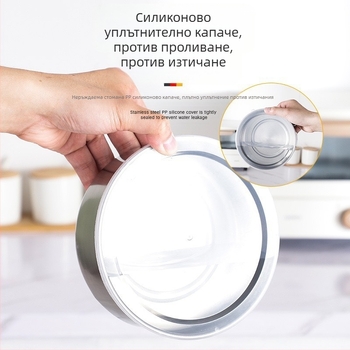 Комплект от пет части от неръждаема стомана за свежи храни от фабрика с капак, кръгъл, запечатан, за хладилник, за съхранение на пресни продукти