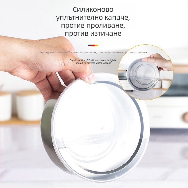 Комплект от пет части от неръждаема стомана за свежи храни от фабрика с капак, кръгъл, запечатан, за хладилник, за съхранение на пресни продукти