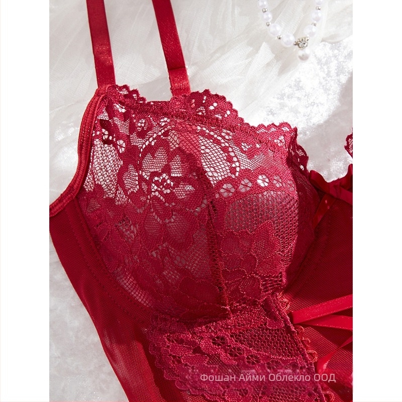 Европейски и американски трансграничен нов дамски секси пижама чистоцветна вратовръзка дантела нощница от две части 25015