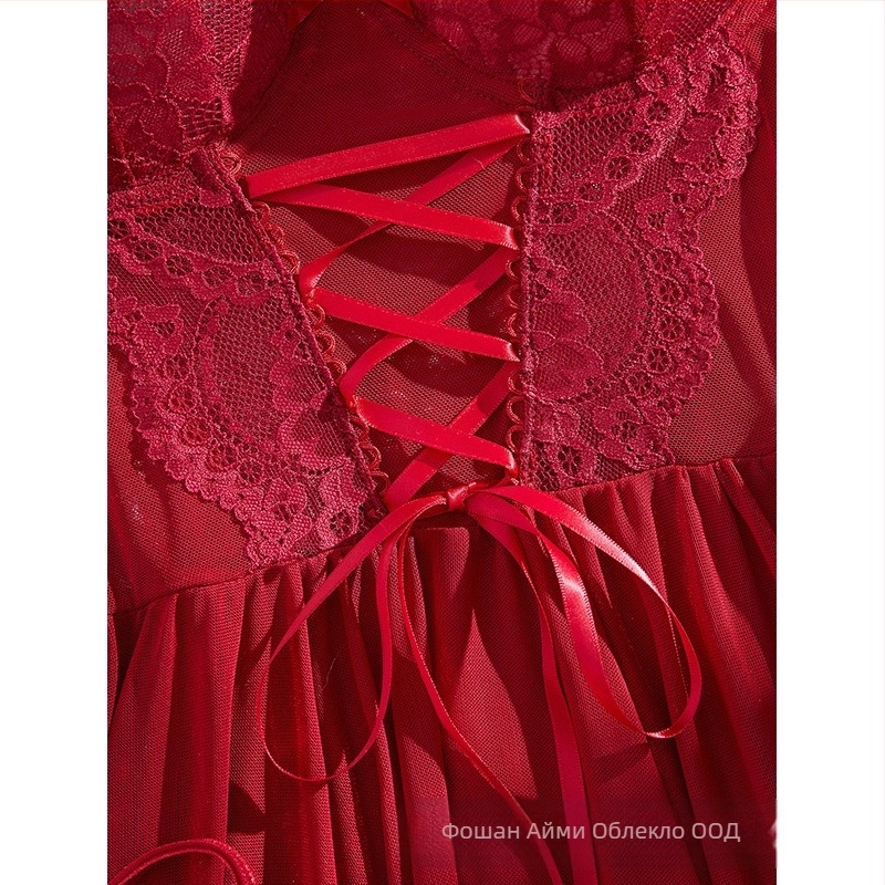 Европейски и американски трансграничен нов дамски секси пижама чистоцветна вратовръзка дантела нощница от две части 25015