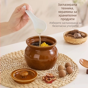 Керамична глинена тенджера за супа, чаша за яхния за домашна употреба, тенджера за задушаване с отделяне на вода за един човек с капак, чаша за готвене на пара за супа от хранителен клас, удебелена керамична тенджера