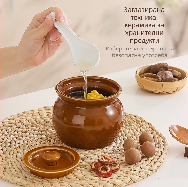 Керамична глинена тенджера за супа, чаша за яхния за домашна употреба, тенджера за задушаване с отделяне на вода за един човек с капак, чаша за готвене на пара за супа от хранителен клас, удебелена керамична тенджера