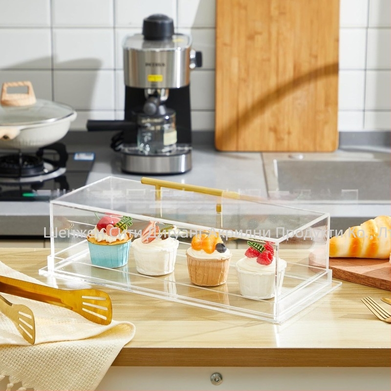 Акрилна кутия за хляб и торта, прозрачна правоъгълна сервираща тава с капак, парти плот, съхранение на храна