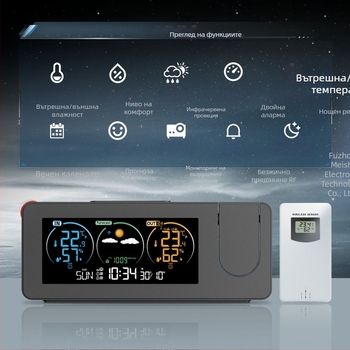 Нов трансграничен продукт: електронен проекционен часовник, вечен календар, метеорологична станция, прогноза за времето, температура, влажност, цветен екран, цифров будилник