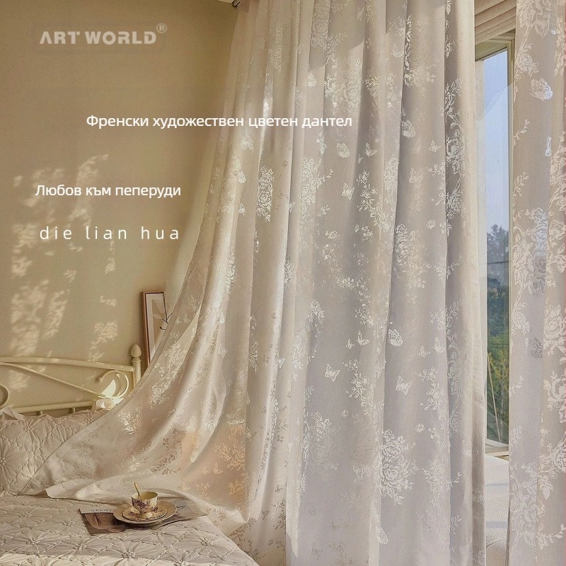 Мечтателни артистични завеси във френски стил с флорални прозрачни завеси за хол и спалня с прозорци от пода до тавана, прозрачни прозорци с рози и пеперуди в рококо стил