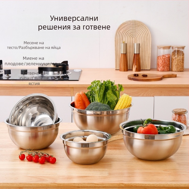 Удебелен леген за яйца от неръждаема стомана, смесен леген за салата с капак и леген, кухненски леген за печене, многофункционален леген за плодове