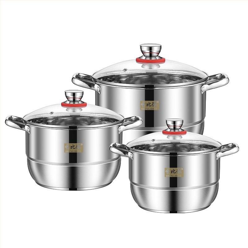 Комплект съдове за готвене от неръждаема стомана, комплект от осем части, удебелен съд с голям капацитет и двоен ушен съд с парчета задушена супа