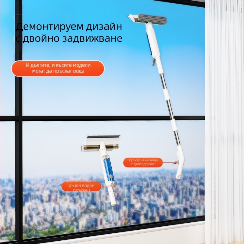 Трансграничен домакински инструмент за почистване на външни прозорци на високи сгради с воден спрей и вградена стъргалка, силно засмукващо двустранно устройство за почистване на стъкла