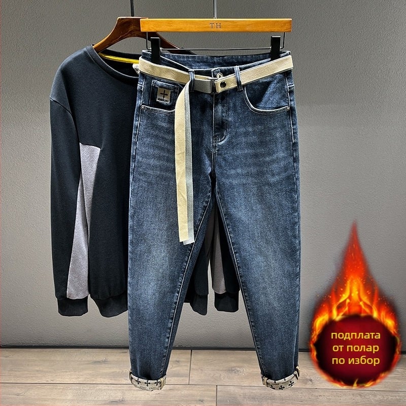 Мъжки панталон есен-зима 2024 с полар подплата черни дънки мъжки прав slim fit stretch ретро изпран stretch ежедневен