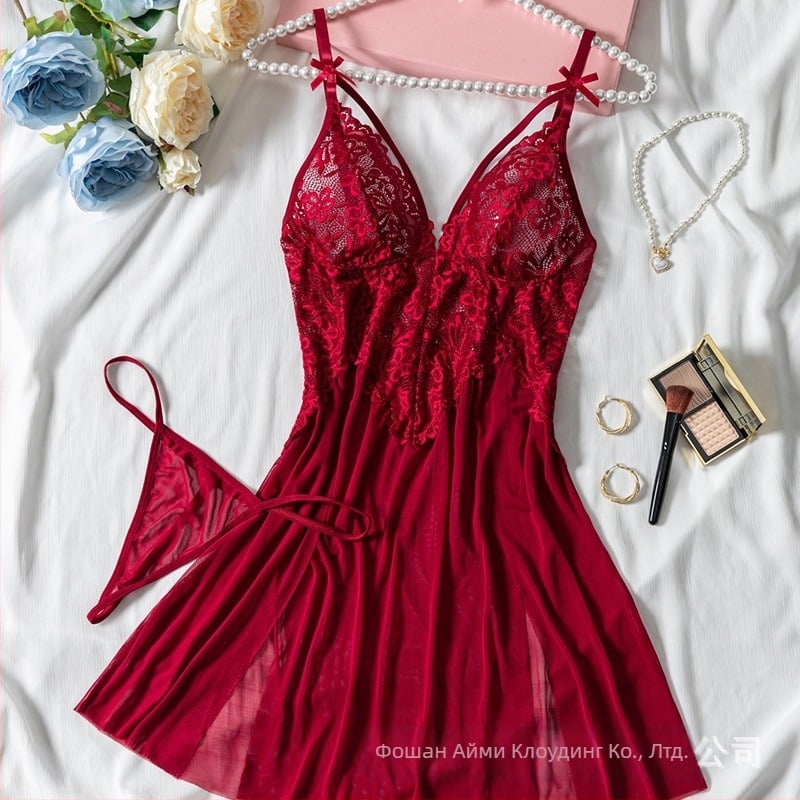 Секси бельо Cross-border Explosions, дамска нощница от мрежа, червена дантела, бродирана, секси пижама слинг 24015