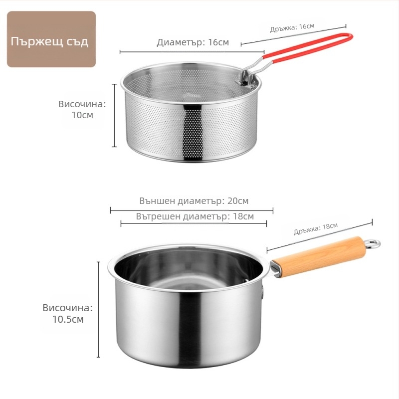 Тенджера за пържене от неръждаема стомана, домакинска малка тенджера за пържене с цедка, газова тенджера за пържене, задълбочаваща се, икономична на гориво, пържене от неръждаема стомана 304