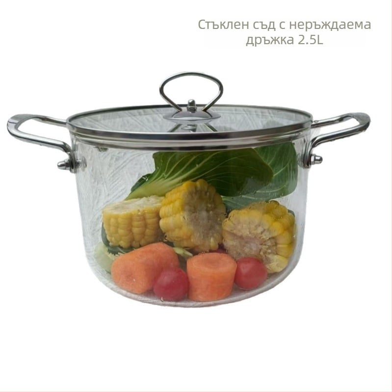 Термоустойчива стъклена прозрачна тенджера за супа с двойни уши, кухня, домакинство, високо боросиликатно стъкло, неръждаема стомана, дръжка, тенджера за супа с юфка, тенджера за яхния