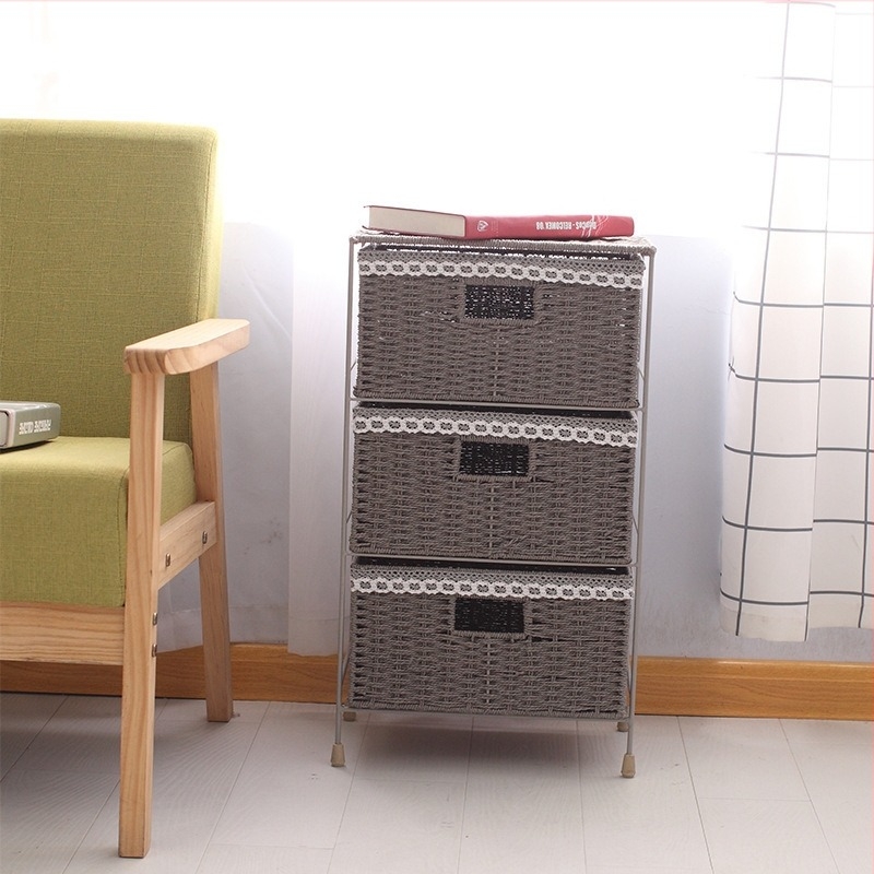 Пасторален стил плетена кошница за съхранение с чекмеджета, кутия за съхранение от ратан, домакинска кошница за съхранение от ратан, многослоен шкаф за съхранение