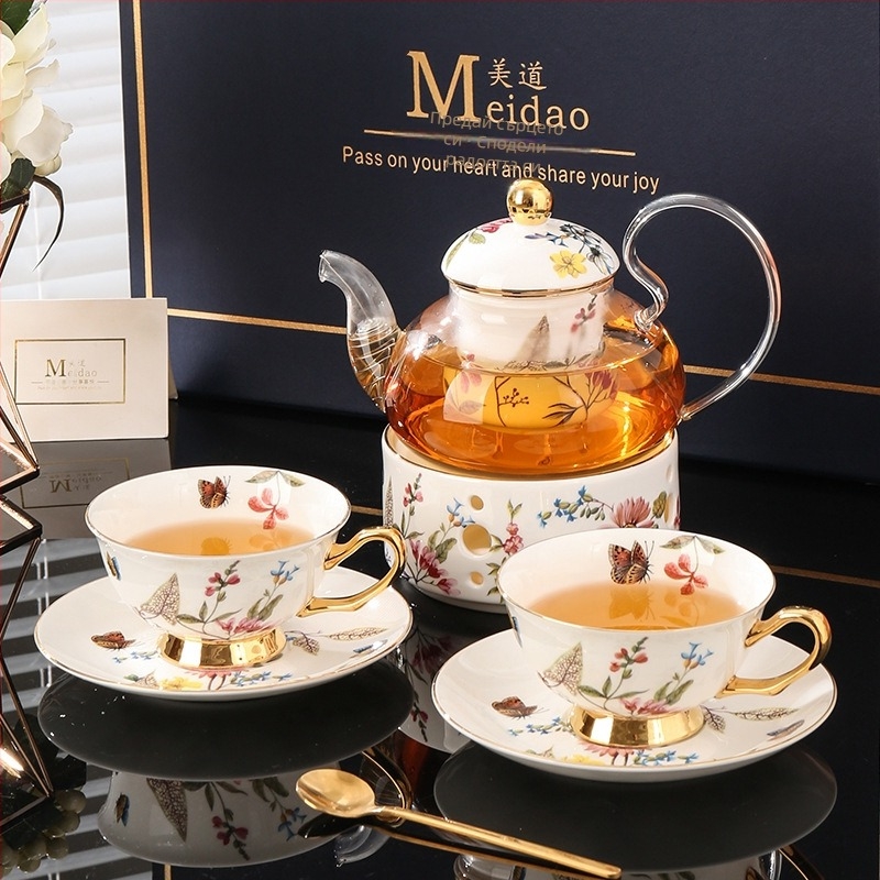 Стъклен чайник Meidao Flower-Waiting Dish, нагреваем, филтърен, чайник с плодов чайник с цветя, комплект за следобеден чай