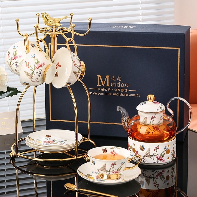 Стъклен чайник Meidao Flower-Waiting Dish, нагреваем, филтърен, чайник с плодов чайник с цветя, комплект за следобеден чай