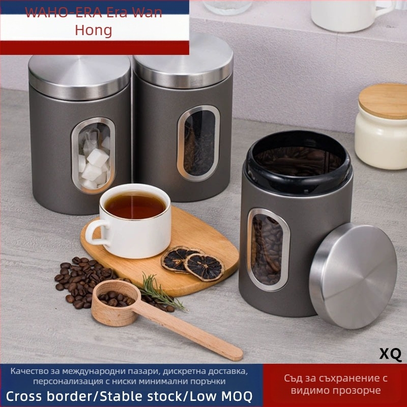 Кухненски принадлежности, буркан за съхранение от неръждаема стомана, визуален прозорец, стъклен запечатан буркан, буркан за чай от едрозърнест материал, буркан за съхранение на хранителни сухи стоки