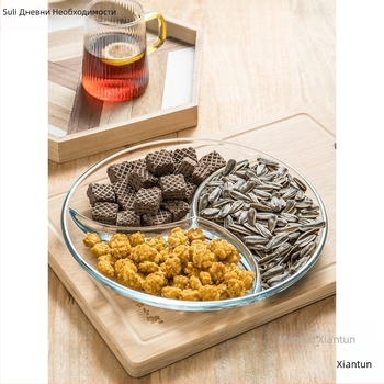 Закалена стъклена чиния с три отделения, чиния за закуска, чиния за хранене, разделителна чиния, домакинска чиния за плодове, многофункционална чиния