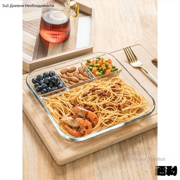 Закалена стъклена чиния с три отделения, чиния за закуска, чиния за хранене, разделителна чиния, домакинска чиния за плодове, многофункционална чиния