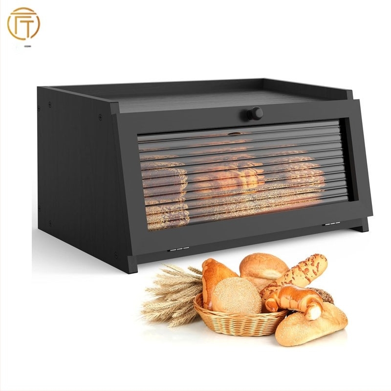 Кутия за хляб Кухненски плот Кутия за хляб от бамбук с голям капацитет Контейнер за съхранение на хляб с прозорец за хляб