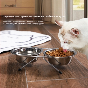 Купа за котки от неръждаема стомана, купа за домашни любимци, трансгранична интегрирана двойна купа на едро, защита на врата, купа за котешка храна, домашни любимци, желязна стойка за купи