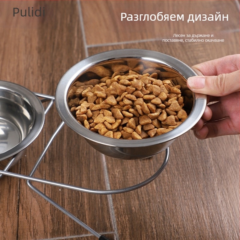 Купа за котки от неръждаема стомана, купа за домашни любимци, трансгранична интегрирана двойна купа на едро, защита на врата, купа за котешка храна, домашни любимци, желязна стойка за купи