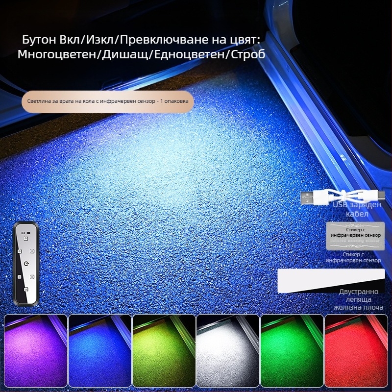 Предупредителна светлина за автомобил, светлина против сблъсък, осветление на вратата без окабеляване, цветна мигаща LED амбиентна светлина, дизайн без окабеляване