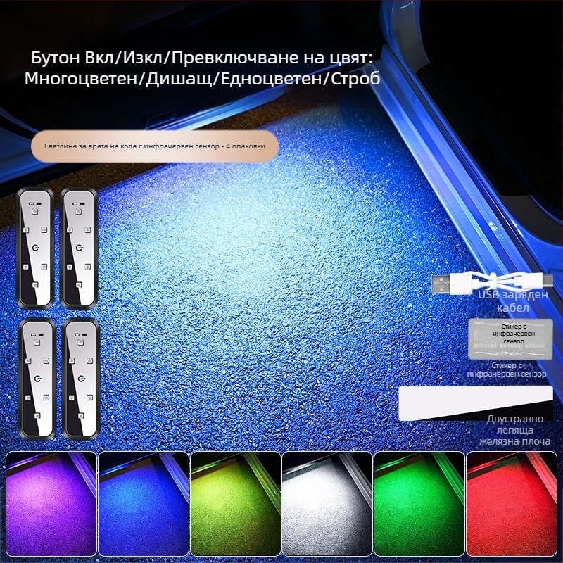 Предупредителна светлина за автомобил, светлина против сблъсък, осветление на вратата без окабеляване, цветна мигаща LED амбиентна светлина, дизайн без окабеляване