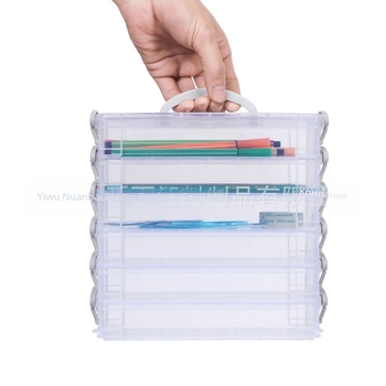 6-слойна чанта за цветни моливи, кутия за съхранение на акварелни химикалки, кутия за съхранение на канцеларски материали, която може да се подрежда и разглобява, пластмасова кутия
